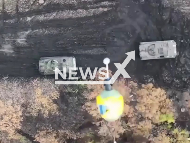 Bomb falls in direction of Russian soldiers and two tanks near trees in Ukraine in undated photo. Ukrainian drone operator dropped bombs on Russian invaders and their tank making them flee in panic. Note: Photo is a screenshot from the video (@AFUStratCom/Newsflash)