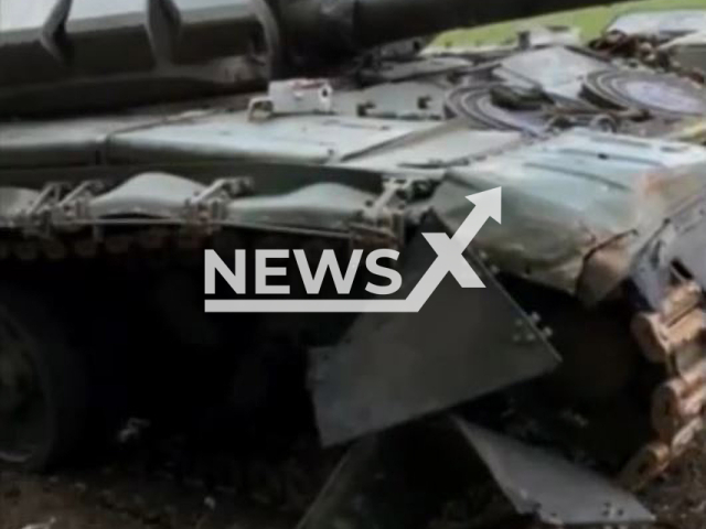 Picture shows Russian tank in a field area in Kherson region, Ukraine in undated photo. Soldiers of one of the airborne brigades of the Airborne Assault Troops of the Armed Forces of Ukraine captured Russian tank that was fortified with sewer hatches. Note: Picture is screenshot from a video (@www.dshv.mil.gov.ua/Newsflash).