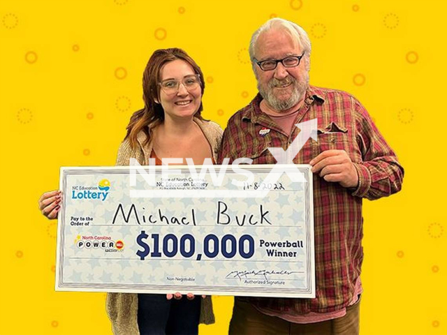 Michael Buck, 62, of Rocky Mount, North Carolina, USA poses in undated photo. He explained that a Walmart pharmacy worker's tip led him to win a USD 100,000 (GBP 88,000) Powerball prize in November 2022. Note: Licensed content. (North Carolina Education Lottery/Newsflash)