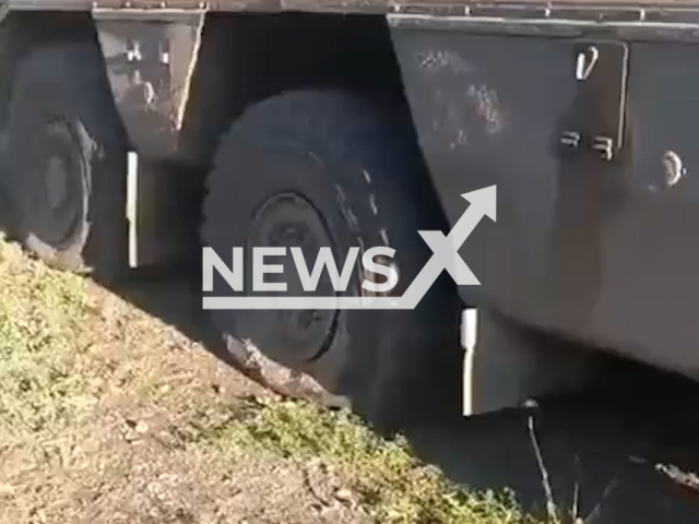 Picture shows captured Russian Typhoon-K armored personnel carrier with increased protection in the Kherson region in Ukraine in undated footage.
Kamaz Typhoon is a family of Russian multi-functional, modular, armoured MRAP vehicles manufactured by the Russian truck builder Kamaz.
Note: Picture is a screenshot from a video (@AFUkraine/Newsflash)