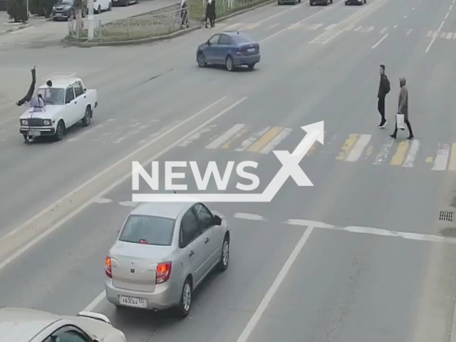 Unnamed VAZ-2107 car driver, 85, hits teenager, 13, on pedestrian crossing in Volgograd, Russia, Wednesday, Nov. 2, 2022. As a result of an accident, the teenager with injuries was hospitalized. Note: Picture is a screenshot from a video (@34mvd/Newsflash)