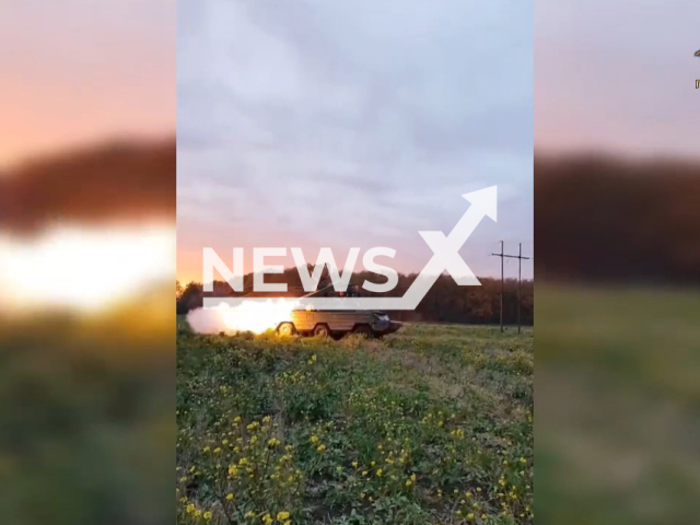 DPR Osa surface-to-air missile system shoots rocket in a field area in Ukraine in undated photo. Anti-aircraft missile division of the People's Militia of the DPR used Osa against Ukrainian troops. Note: Picture is a screenshot from a video (@nm_dnr/Newsflash)