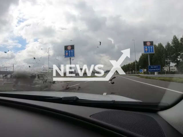 Suspects car crashes on the highway, in Vught, Netherlands, on July 31, 2021. Police preformed the manoeuvre in order to cause it to crash and arrest arrest the three suspects in a shooting Note: Picture is a screenshot from a video (Politie Landelijke Eenheid/Newsflash)