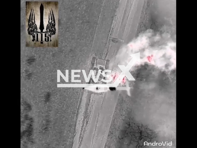 Bomb falls to Russian T-90 tank standing on a road near Huliaipole city, Zaporizhzhia region, Ukraine in undated photo. Drone operator of the 115th battalion of the 110 brigade of the Territorial Defense Forces dropped bombs on Russian T-90 tank and BTR-82 vehicle. Note: Picture is a screenshot from a video (115th battalion/Newsflash)