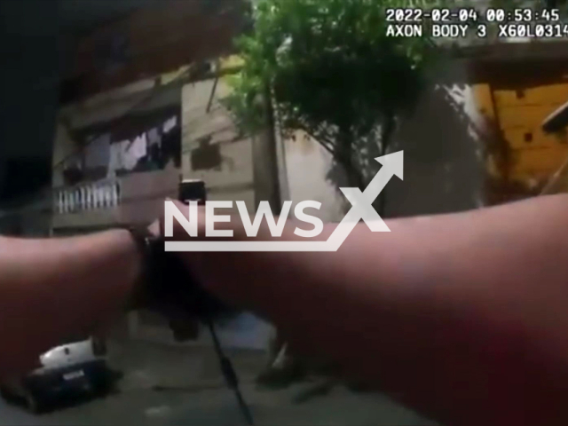 Police officers shoot at pitbull released by owner to attack them in Jardim Conquista, Sao Paulo, in Brazil. Note: Photo is a screenshot from the video (38 Batalhao Metropolitano da PM/Newsflash)