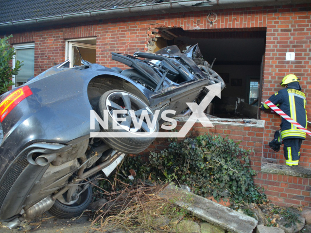 Image shows the incident in the city of Stade, in Lower Saxony, Germany, undated photo. Hans Wilhelm Vagts, 74, was lucky to survive after a 27-year-old driver rammed his new vehicle into his kitchen on Saturday, Nov. 12, 2022. Note: Licensed content. (Polizeiinspektion Stade/Newsflash)