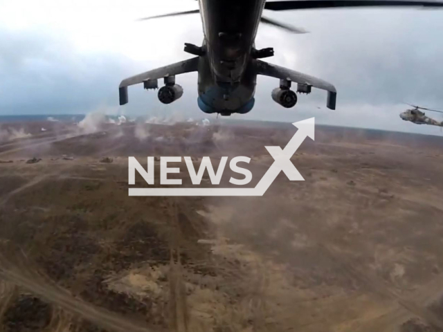 Belarusian helicopters taking off before apparently airdropping bombs in an undisclosed location, undated. Belarus has declared itself a close ally of Russia and has supported its eastern neighbor throughout the war. Note: Picture is screenshot from a video (Ministry of Defense of the Republic of Belarus/Newsflash).