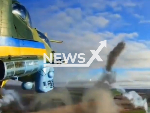 Ukrainian Mi-24 helicopters attack Russian military positions in Ukraine in undated footage. 
The Mil Mi-24 is a large helicopter gunship, attack helicopter and low-capacity troop transport with room for eight passengers.
Note: Picture is a screenshot from a video (@UkrainianLandForces/Newsflash)