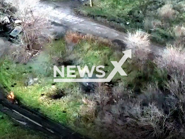 Picture shows explosions in Russian trenches in Ukraine in undated photo. Units of the Airborne Assault Forces of the Armed Forces of Ukraine with the support of artillery shot at Russian soldiers in a residential area. Note: Picture is a screenshot from a video (@ua_dshv/Newsflash)