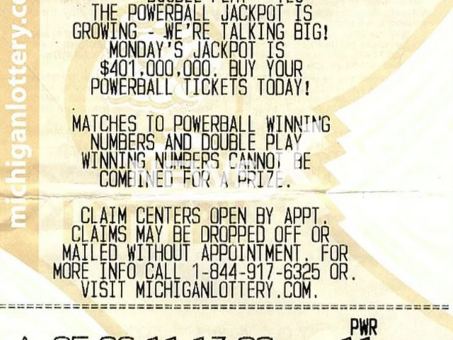 Image shows 60-year-old Michael Raab's lottery ticked, undated photo. He won USD 100,000 (GBP 84,000) in the city of Lapeer, in the state of Michigan, USA in October 2022. Note: Licensed content. (Michigan Lottery/Newsflash)