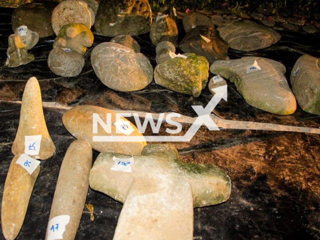 Picture shows some of the  pre-Hispanic Mayan pieces seized by police, undated.    Stephanie Allison Jolluck, 49,  and Giorgio Salvador Rossilli, 62, were arrested  transporting 166 pieces  Antigua Guatemala, Guatemala, on Thursday, Nov. 10, 2022.
Note: Police photo. (@PNCdeGuatemala/Newsflash)