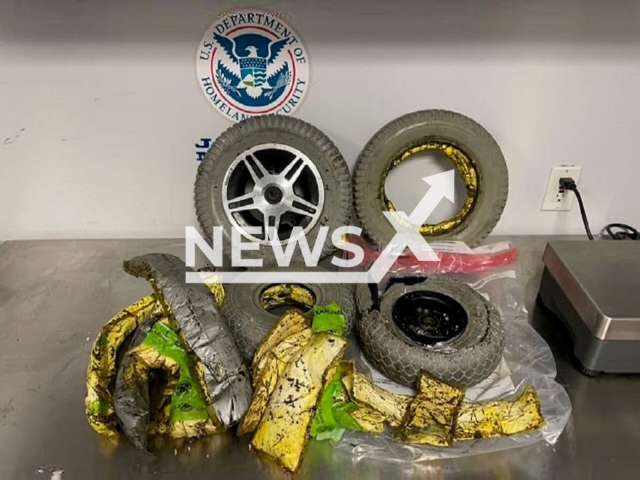 Image shows the wheelchair's tires and bags of cocaine, undated photo. Emelinda Paulino De Riva attempted to smuggle 28lbs of cocaine worth over USD 450,000 (GBO 379,000) from the Dominican Republic to New York City, in New York State, USA. Note: Licensed content. (U.S. Customs and Border Protection/Newsflash)