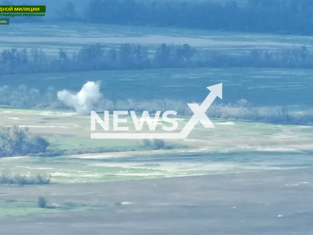 Picture shows explosion in a field area near Bilohorivka settlement, Luhansk region, Ukraine in undated photo. Soldiers of the 4th brigade of the 2nd army corps of the People's Militia of the LPR destroyed Ukrainian positions and armored vehicles. Note: Picture is screenshot from a video (@millnr/Newsflash)