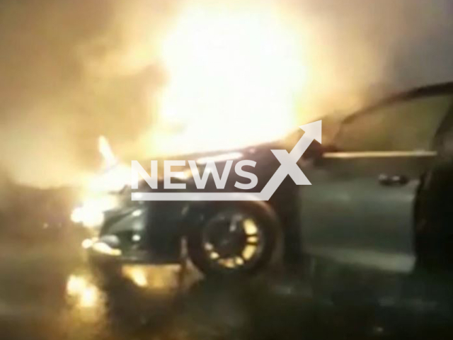 A flaming vehicle in the middle of the streets in Azerbaijan on Friday, Nov. 11, 2022.  This was just one of the 18 cases the fire brigade had to deal with on 11th November.Note: Picture is screenshot from a video(Ministry of Emergency Situations/Newsflash).