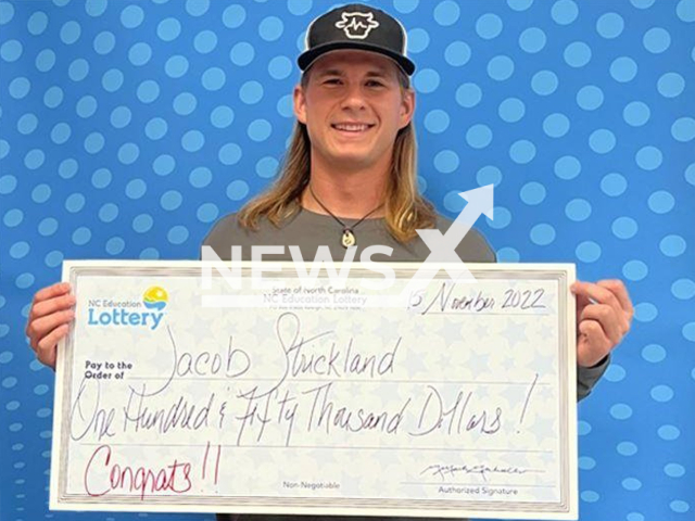 Jacob Strickland, 29, from the city of Asheboro, North Carolina, USA, poses in undated photo. He said that Clemson University's football loss to Notre Dame inspired him to buy the Powerball ticket that earned him a USD 150,000 (GBP 125,000) prize. Note: Licensed content. (North Carolina Education Lottery/Newsflash)