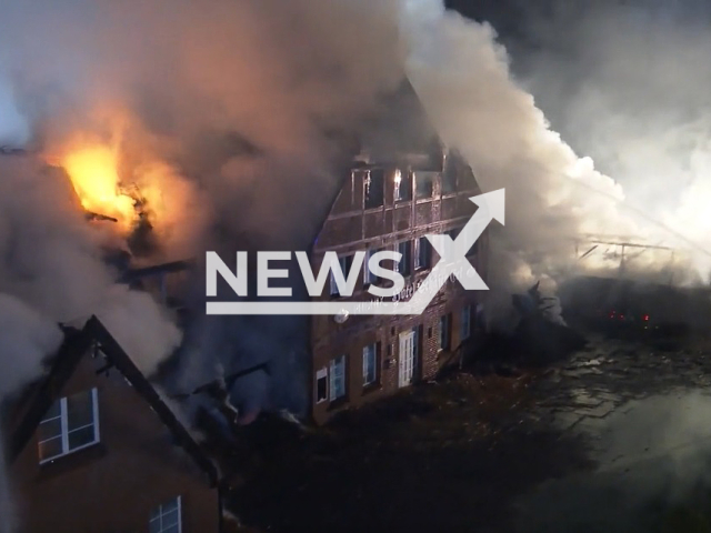 Image shows the fire in the refugee centre, undated photo. A 32-year-old volunteer firefighter was arrested on the grounds of arson in the village of Gross Stroemkendorf, near the city of Wismar, in Mecklenburg–Western Pomerania, Germany. Note: Photo is a screenshot from a video. (Newsflash)