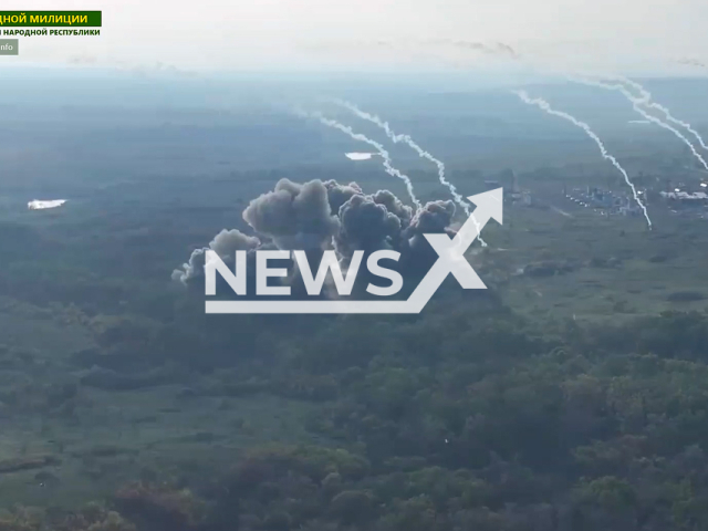 Bombs fall and explode in the Spirne settlement area, Donetsk region, Ukraine in undated photo. Aviation of the RF Armed Forces provides air support to the 2nd Army Corps of the People's Militia of the LPR against Ukrainian troops. Note: Picture is screenshot from a video (@millnr/Newsflash).