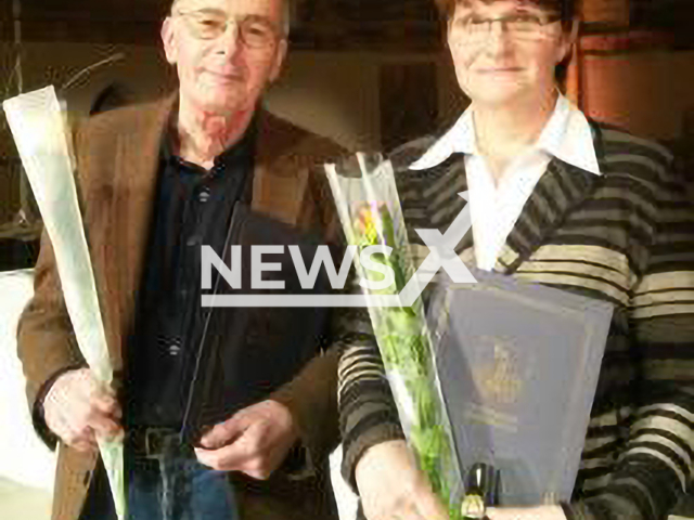 Pilots Roland Stanek, 79, and Andrea Droessler, pose in undated photo. The victim received a 'Badge of Honor' of the City of Magdeburg, in Saxony-Anhalt, Germany on Jan. 29, 2015. Note: Private photo. (Newsflash)