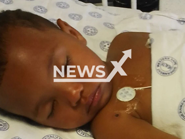 Kayden Jefferys, 2,  who was shot five times at his home in Cape Town, South Africa, on 264t February, pictured at the hospital. Note: Private photo.  (Newsflash)