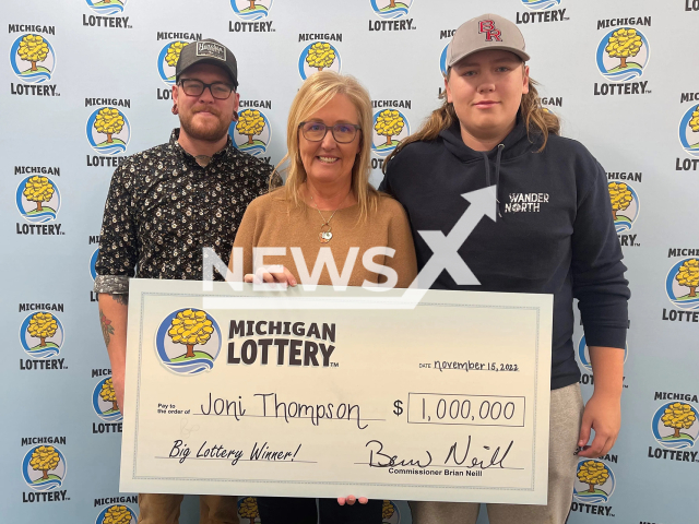 Joni Thompson (middle) poses in an undated photo. Joni Thompson, a Mecosta County woman, found out she won a USD 1 million Powerball prize from the Michigan Lottery in Michigan, U. S. Note: Photo is from the Michigan Lottery Connect (Michigan Lottery Connect/Newsflash)