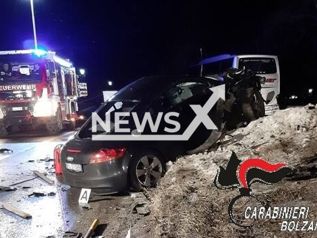 Image shows the destroyed Audi TT, in South Tyrol, in northern Italy, undated photo. A drunk driver hit a group of young German tourists at speed killing seven of them on Sunday, Jan. 5, 2020. Note: Licensed content. (Polizei Bozen/Newsflash)