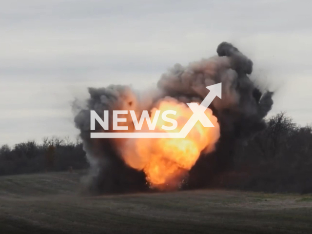 Picture shows an explosion in a field area in Ukraine in undated photo. Fighters of the 53rd Separate Mechanized Brigade named after Volodymyr Monomakh took part in combat training. Note: Picture is a screenshot from a video (@53brigade/Newsflash)