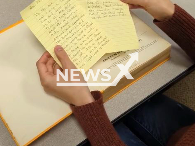 Picture shows Chilton's Foreign Car Repair Manual: German, Swedish, Italian Cars, Vol. 1,  and an apology letter, undated. A library had the book checked out in 1975 anonymously returned along with the letter in Lake Elmo Library, Minnesota, USA. Note: Picture is a screenshot from a video (@WashCoLib/Newsflash)