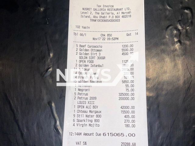 Photo shows a food bill from the restaurant of the Turkish chef Nusr-et Gokce, better known as 'Salt Bae', in Abu Dhabi, United Arab Emirates, undated photo. "Quality never expensive," wrote chef Nusr-et in the caption of the photograph. Note: Picture is private (@nusr_et/Newsflash)