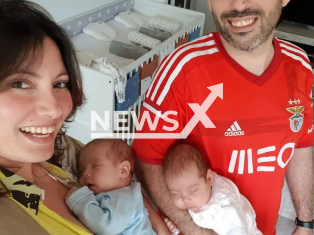 Laura Pupo and her husband, Jose Carlos Martins, pose with their twins in an undated photo. The couple from Rubi, Barcelona, Spain, has 10-month-old twins named Ian and Laia, who were born nine days apart on Jan. 17, 2022, and on Jan. 26, 2022. Note: Picture is private (@laury3007/Newsflash)