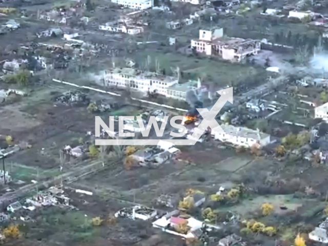 Picture shows burning Russian T-80 tank in the Donetsk region in Ukraine in undated footage.
According to the National Guard the special forces of the "Omega" unit of the National Guard destroyed the Russian tank with a shot from an ATGM.
Note: Picture is a screenshot from a video (@ngu_war_for_peace/Newsflash)