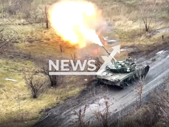 DPR tank shoots in a field area in the direction of Vodyane, Zaporizhzhia region, Ukraine in undated photo. Officers of tank battalion of the People's Militia of the DPR managed the battle from a mobile command post while T-80 tanks of a separate tank battalion supported the advance of assault groups. Note: Picture is a screenshot from a video (@nm_dnr/Newsflash)