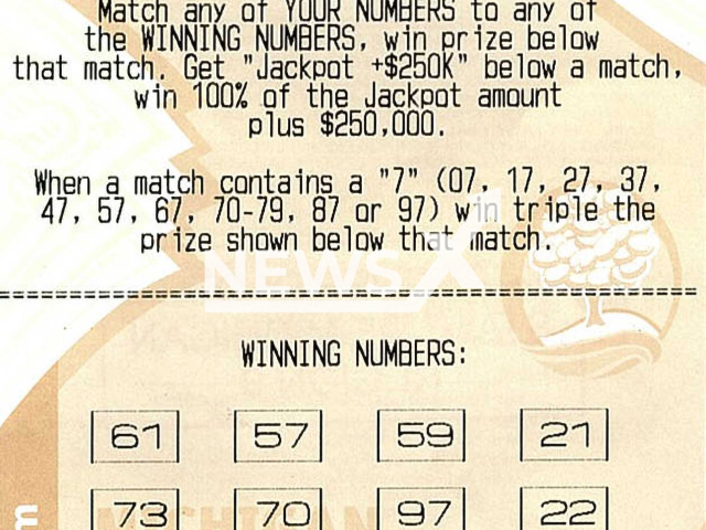 Image shows the winning ticket, undated photo. A 58-year-old St. Clair County, in Michigan, USA, won USD 264,838 (GBP 222,802) after previously scoring a USD 4 million (GBP 3,4 million) jackpot five years ago. Note: Licensed content. (Michigan Lottery/Newsflash)