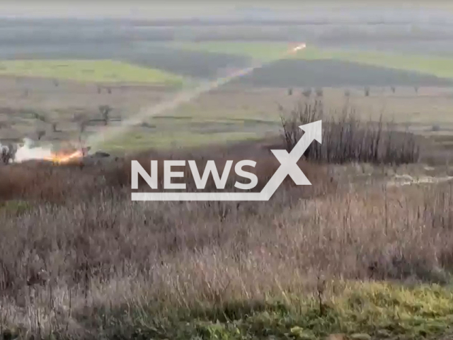 Rocket flies to its target in a field area in the direction of Bakhmut, Donetsk region, Ukraine in undated photo. Fighters of the Wagner Group detected Ukrainian army positions and shot at them with help of BMP-3 and BMD-4 infantry fighting vehicles. Note: Picture is a screenshot from a video (@nm_dnr/Newsflash)