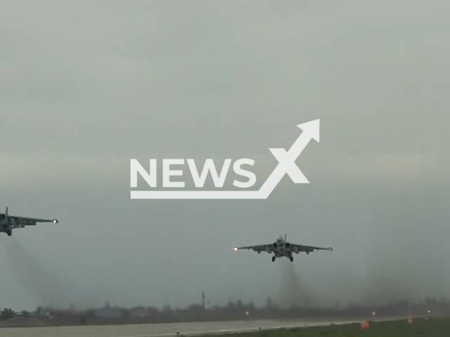 Russian Su-25 attack aircrafts take off on a combat mission in Ukraine in undated footage.
The footage was released by the Russian MoD on Thursday, Nov. 24, 2022.
Note: Photo is a screenshot from a video. (Ministry of Defense of Russia/Newsflash).