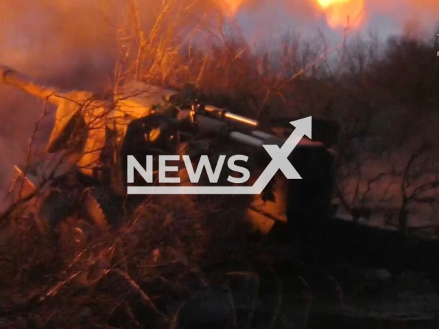 Artillerymen of the 11th regiment of the People's Militia of the DPR shoot at detected Ukrainian army positions with help of Giatsint-B howitzer near Pervomaiske, Donetsk region, Ukraine. The footage was obtained from the People's Militia of the DPR on Wednesday, Nov. 23, 2022. Note: Picture is a screenshot from a video (@nm_dnr/Newsflash)