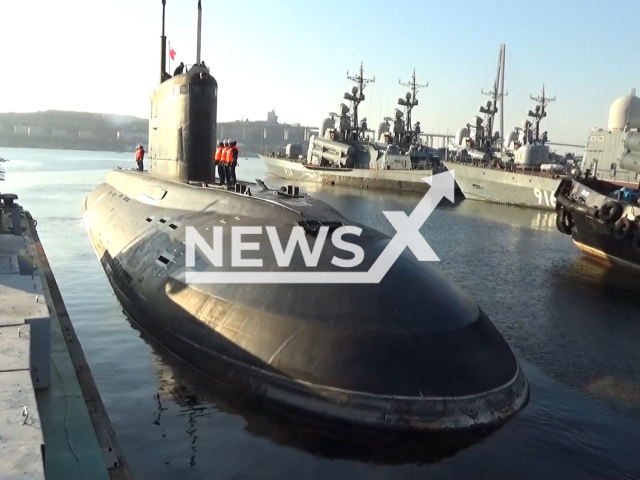 Russian newest diesel-electric submarine "Magadan" leaves the port towards the Sea of Japan in undated footage.
The Russian MoD released the footage on Thursday, Nov. 25, 2022. Note: Photo is a screenshot from a video. (Ministry of Defense of Russia/Newsflash).