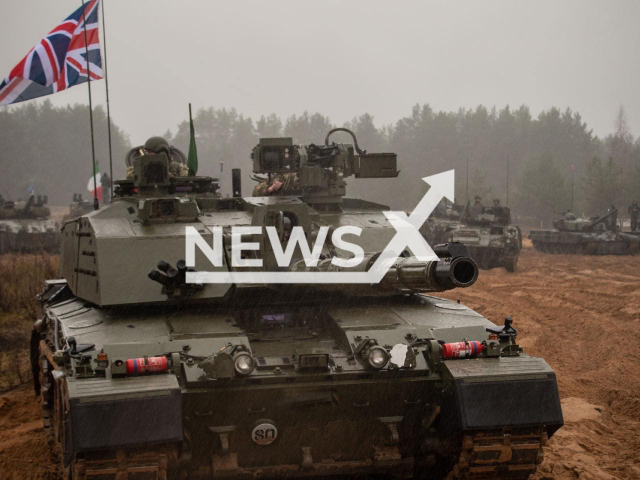 Picture shows tank with British flag of military forces of NATO’s Enhanced Forward Presence battle groups during the Iron Spear 2022 military drill in Latvia, November, 2022. The tactical maneuvers and demonstration of firepower show the strength of NATO on the Northeast flank. Note: Picture is obtained from the  NATO Battlegroup Estonia. (@NatoBGEst/Newsflash)