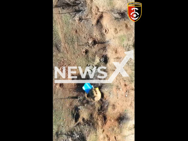 Bomb falls on Russian military ammunition hidden in foxholes in the field of Bakhmut, Donetsk region, Ukraine. The footage was obtained from the 30th separate mechanized brigade of the Ukrainian Ground Forces on Saturday, Nov. 26, 2022. Note: Picture is a screenshot from a video (@30brigade/Newsflash)