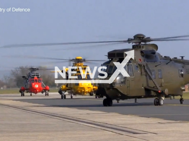 Picture shows Sea King helicopters on the runway in UK in undated footage. The UK will provide the Ukrainian Armed Forces with Sea King helicopters as part of its continued support. Note: Picture is a screenshot from a video (@DefenceHQ/Newsflash)