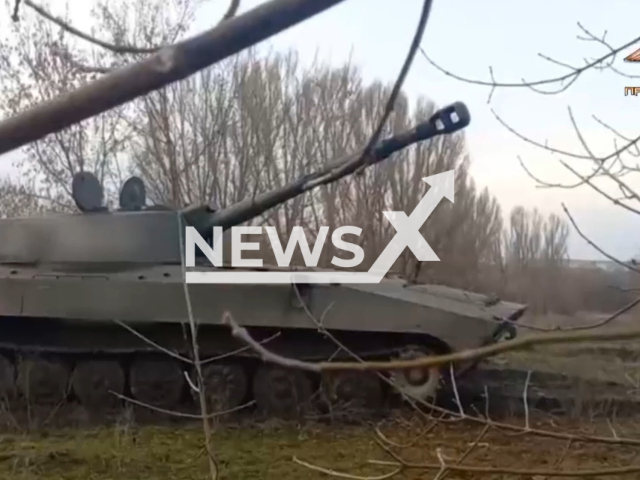 Picture shows DPR 2S1 Gvozdika howitzer among trees in Ukraine in undated photo. DPR drone operators discovered Ukrainian positions and artillerymen of the 1st army corps destroyed them with help of Gvozdika in Ukraine in undated footage. Note: Picture is a screenshot from a video (@nm_dnr/Newsflash)