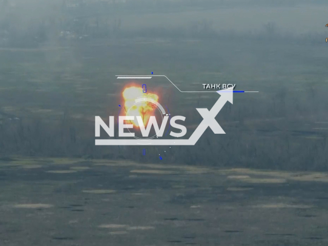 Ukrainian tank explodes in the field of Ukraine in undated photo. Artillerymen of the 100th brigade of the People's Militia of the DPR destroyed two Ukrainian tanks with direct shot. Note: Picture is screenshot from a video (@nm_dnr/Newsflash).