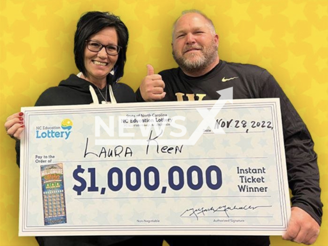 Laura Keen poses with an unidentified man in an undated photo. Laura Keen, from Winston-Salem, North Carolina, U. S., said the low gas light on the dashboard of her truck led to her winning a USD 1 million prize from a scratch-off lottery ticket. Note: Photo is from North Carolina Education Lottery (North Carolina Education Lottery/Newsflash)