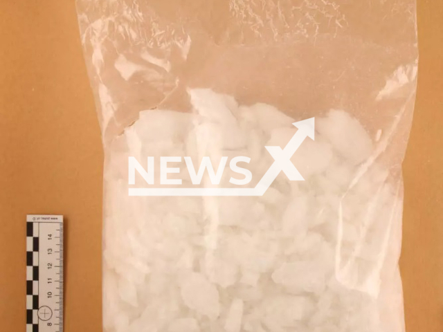 Image shows a package of crystal meth found at the dealer's home, undated photo. Officials from the Canton police Valais uncovered a major drug trade and arrested two people in mid-November, 2021. Note: Police photo. (Kantonspolizei Wallis/Newsflash)