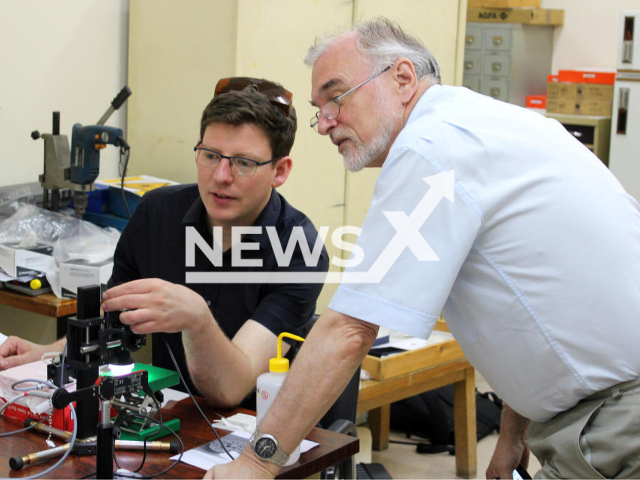 Image shows Ernst Pernicka (right) and Moritz Numrich, undated photo. They worked on the laser ablation device in the National Archaeological Museum in Athens, Greece. Note: Licensed content. (J. Huber, OAI Wien/Newsflash)