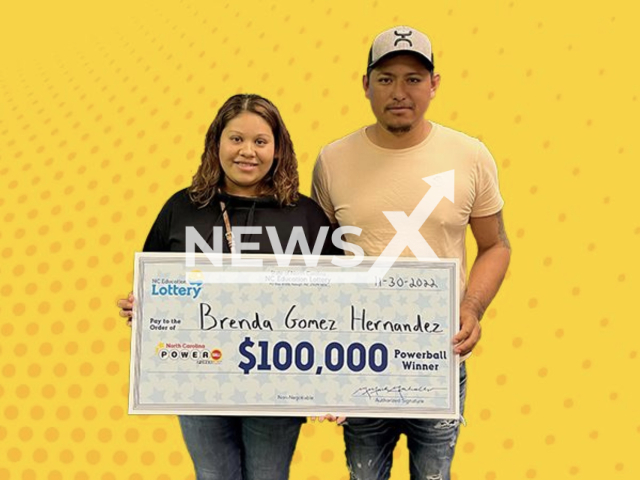 Brenda Hernandez Gomez poses with an unidentified man in an undated photo. Brenda Hernandez Gomez, from Cabarrus County, North Carolina, U. S., won a prize of  USD 100,000 hours after giving birth to a baby girl on Nov. 9, 2022. Note: Photo is from North Carolina Education Lottery (North Carolina Education Lottery/Newsflash)