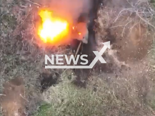 Hidden Russian military ammunition explodes in a trench in Zaporizhzhia, Ukraine. The footage was obtained from the AFU StratCom on Thursday, Dec. 1, 2022. Note: Picture is screenshot from a video (110th brigade/Newsflash).