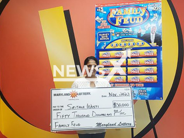 Srijana Wosti poses with her USD 50,000 prize check, undated. The 41-year-old mother of two  feared the final claim date was fast approaching as she couldn’t remember where she hid the lucky instant ticket many months ago, in Montgomery County, Maryland, USA. 
Note: Licensed photo.  (Maryland Lottery/Newsflash)