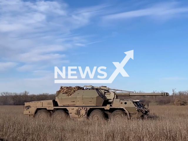 Picture shows Ukrainian DANA wheeled self-propelled gun howitzer in the field in Ukraine. The footage was obtained from the 110th brigade of Ukrainian Ground Forces on Friday, Dec. 2, 2022. Note: Picture is screenshot from a video (@110separatebrigade/Newsflash).