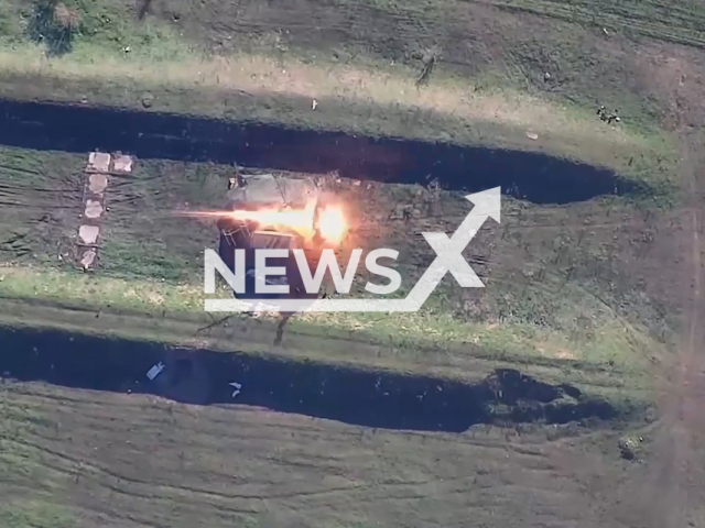 Russian UAV hits Ukrainian radar station in the Kherson Oblast in Ukraine in undated footage. The footage was released by the Russian MoD on Monday, Dec. 5, 2022. Note: This picture is a screenshot from the video. (@mod_russia/Newsflash)