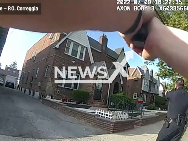 NYPD officers pointing their guns at Raul Antonio Hardy, 60, who called the police saying he wanted to kill the city governor and the police chief in New York City, New York, USA, on Jul. 9, 2022. Hardy was killed after the officers fired 130 bullets at him. Note: Picture is screenshot from a video (NYPD/Newsflash)